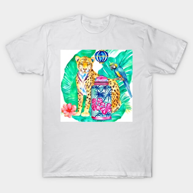 Preppy cheetah, macaw parrot and chinoiserie jar watercolor T-Shirt by SophieClimaArt